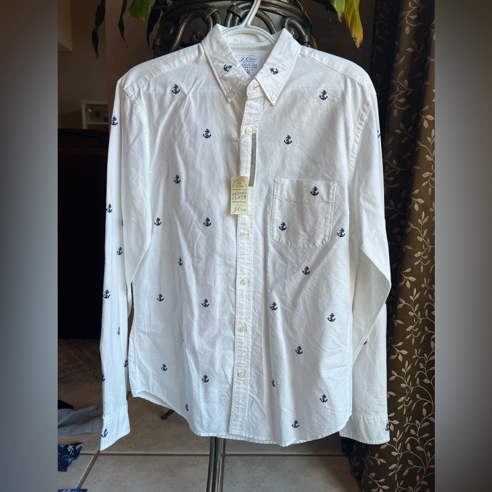 J. Crew White Shirt with Navy Anchor Pattern
